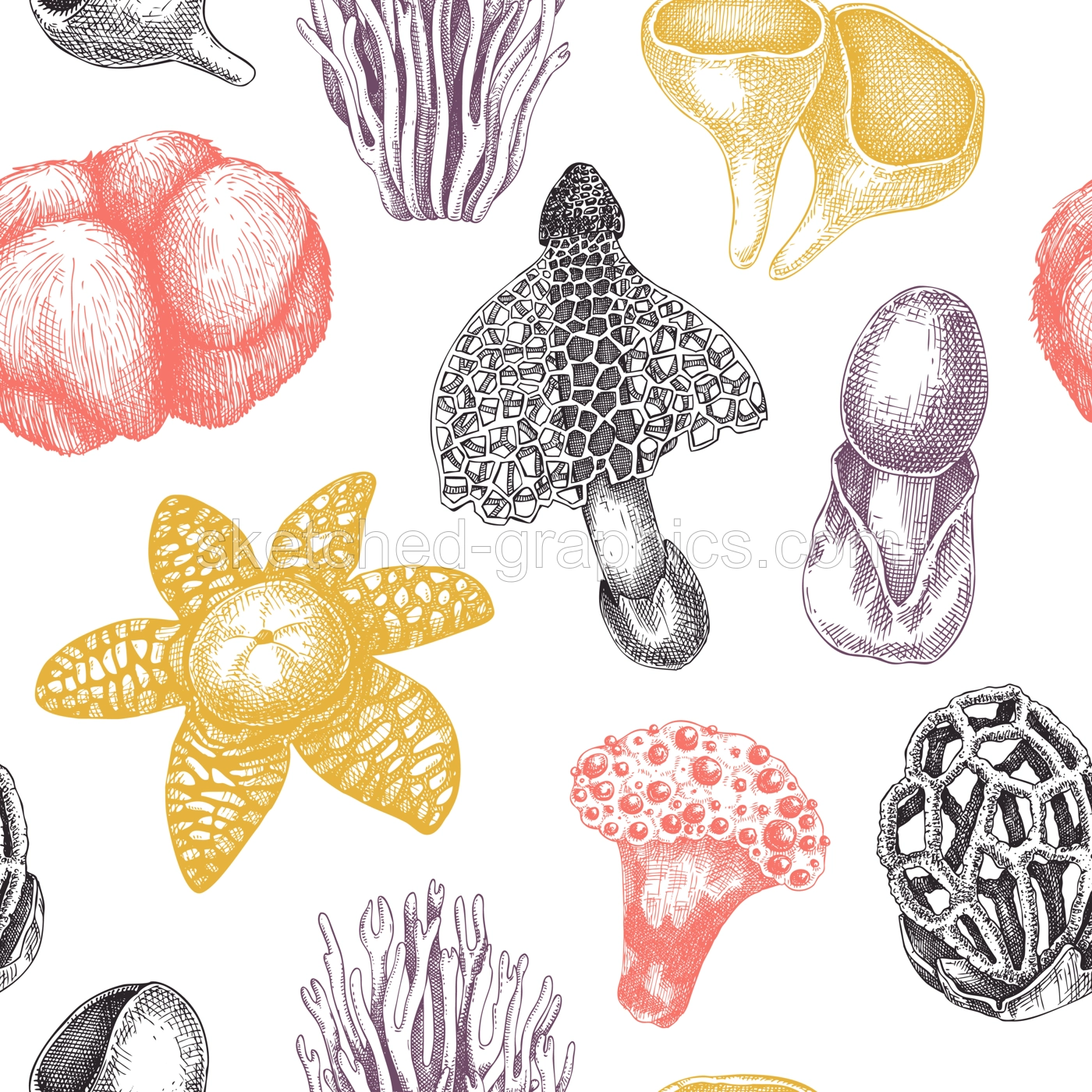 Exotic mushroom background. Hand-drawn fungi illustration in vintage style. Exotic forest plant seamless pattern. Weird mushroom texture design in color Illustration